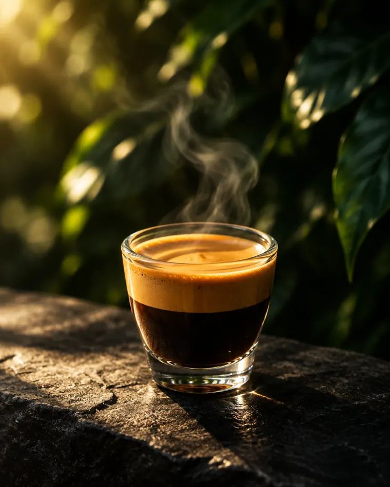 Espresso with golden crema in the morning light
